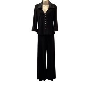 Joseph Ribkoff Black Set Satin Accents Bow Pleated Back & Wide Leg Pants Sz 6